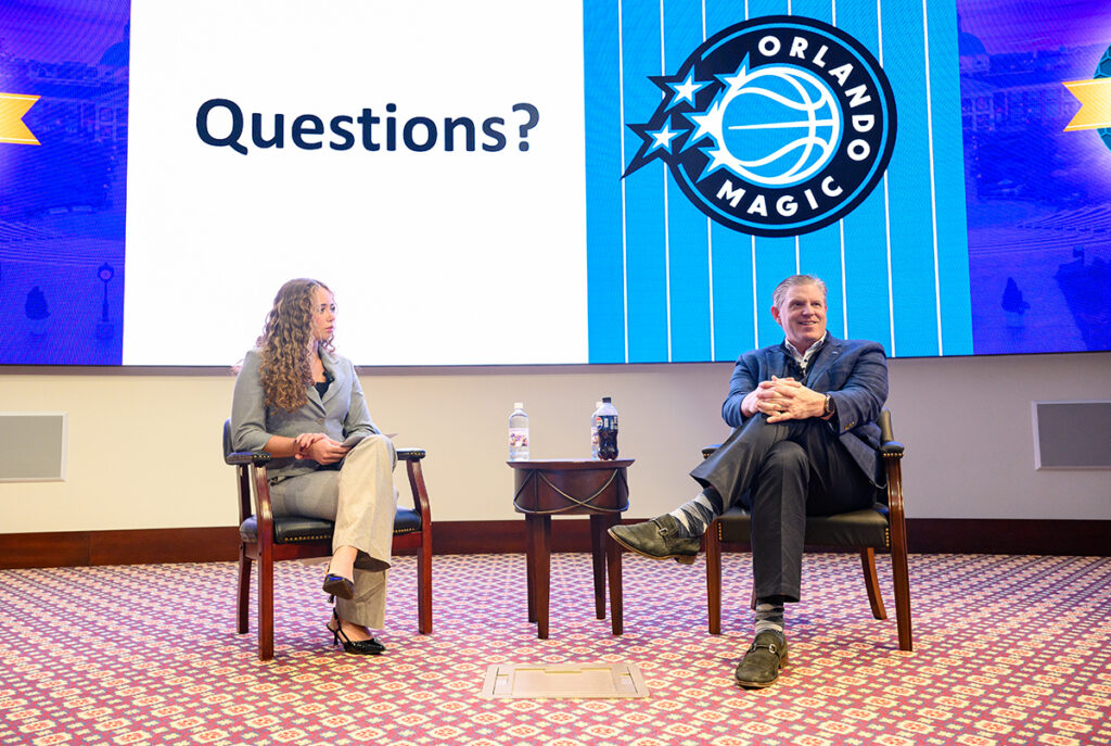 Pictured at left was student moderator Grace King, a sophomore sport marketing major from the U.S. Virgin Islands, who asked Freeman questions on the topic of “Motivation that Moves Teams Forward.”