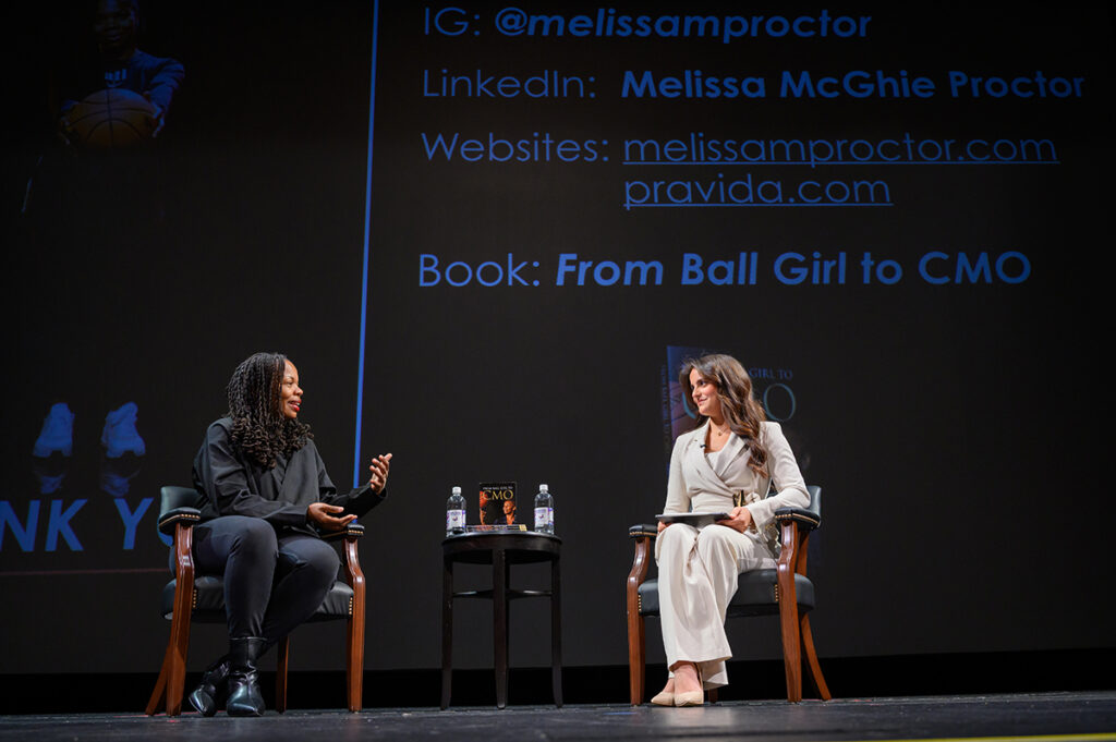 Proctor smiled as she answered questions from Velazquez during the Strickland Women’s Leadership Summit. 