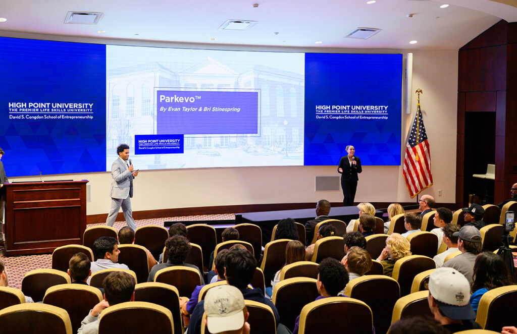 Taylor and Shinespring presented their business plan for Parkevo to an audience in the Callicutt Life Skills Theater.