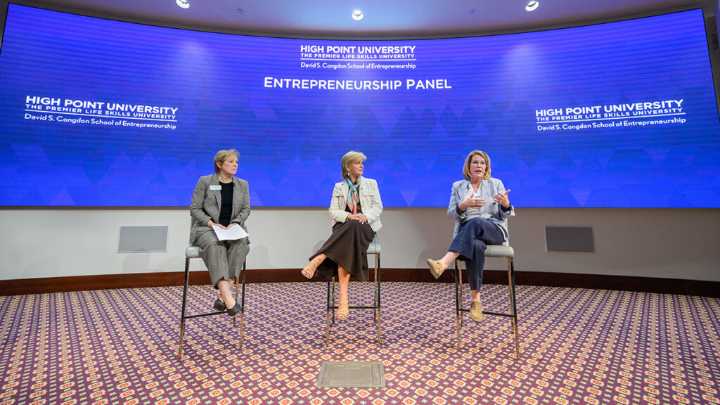 Lou Anne Flanders-Stec, founding dean of HPU’s David S. Congdon School of Entrepreneurship, moderated an entrepreneurship panel with Cottrell and Downes.