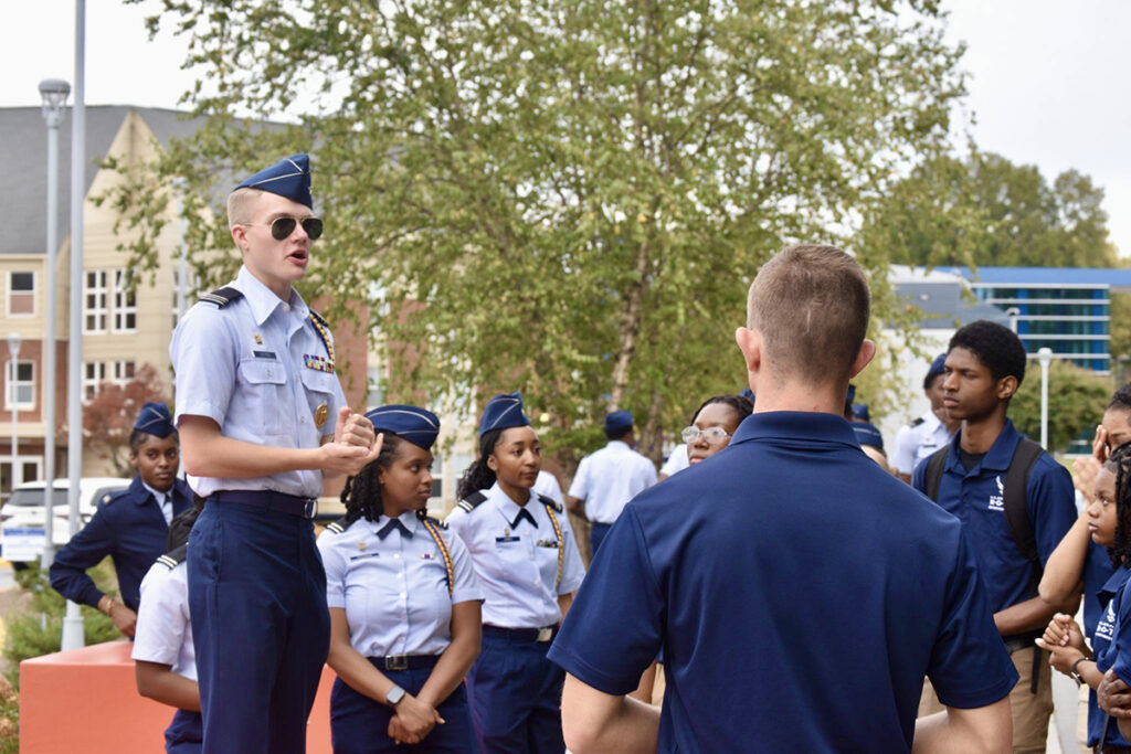 Siefken was pictured leading an Air Force ROTC debriefing for the basic cadet squadron following a training exercise at North Carolina A&T State University, where ROTC training is located.