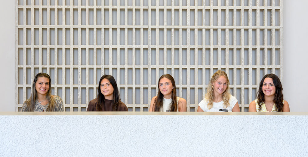 From left were HPU students who worked the front desk in the Bernhardt Furniture showroom, including Gianna Greco, a junior marketing major from Colts Neck, New Jersey; Anna Klippel, a sophomore marketing major from Rockwell, Maryland; Brooke Pleasants, a freshman interior design major from Baltimore, Maryland; Rowan Brahney, a sophomore entrepreneurship major from Monmouth County, New Jersey; and Ella Cianci, a freshman sports media and sports management double major from Lindenhurst, New York.