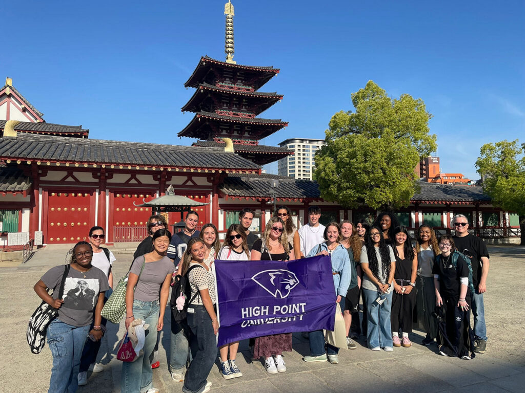 Students and faculty posed at the Shitennō-ji Buddhist temple in Osaka, Japan.