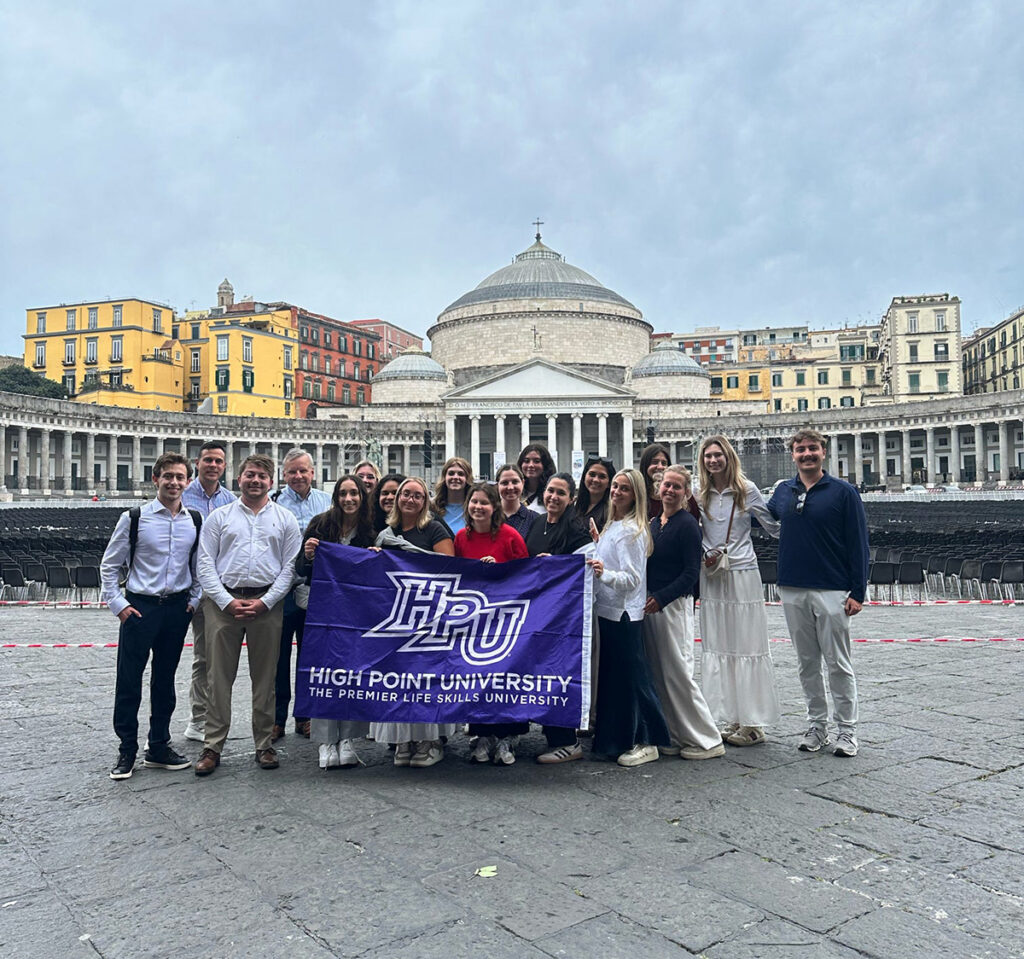 HPU international strategic communications students visited Piazza del Plebiscito in Naples, Italy. It is the location where Pope Leo addressed the city on May 15.