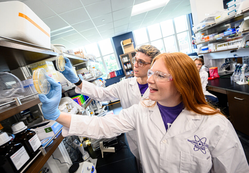 Student researchers Caitlin Michaelis and Thomas “Trip” Donaldson looked at bacteria growing on agar plates.