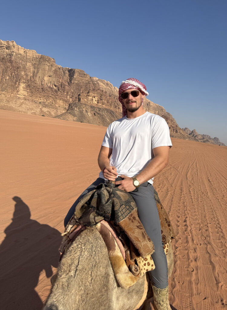 Krone’s study abroad experiences included learning to ride a camel in Jordan.