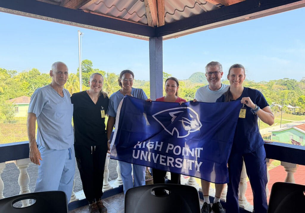 ) HPU Physician Assistant students traveled with faculty to Belize to gain experience practicing medicine in areas where residents have limited access to health care. Pictured from left were Dr. Nicholas Akgulian with PA students Lauren Hyse and Clara Primus, Associate PA Professor Nathalie Ortiz Pate, Assistant Professor Jeff Williams and student Peyton Miles at the Hillside Clinic near Punta Gorda, Belize.