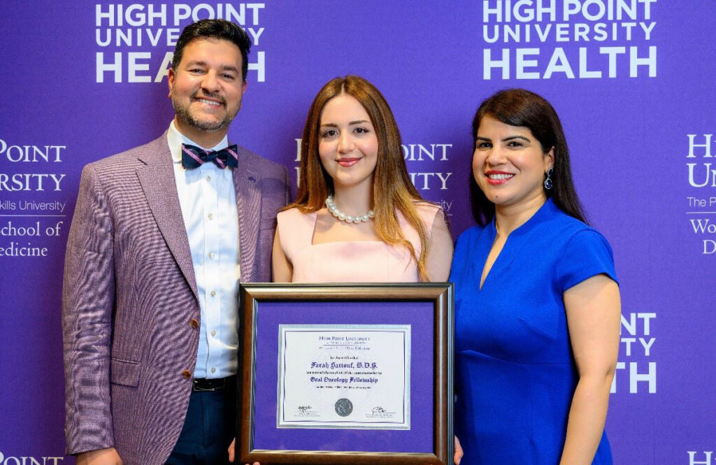 Dr. Ali Shazib, dean for the HPU Workman School of Dental Medicine, with HPU’s first Oral Oncology Fellow Dr. Farah Sattouf and Dr. Shaiba Sandhu, oral oncology program director.