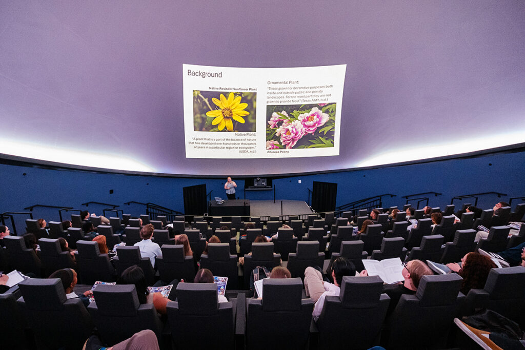 Scarlett Peabody, a sophomore dual major in neuroscience and chemistry, presented her assessment of ecosystem services in native versus ornamental botanical gardens on campus.