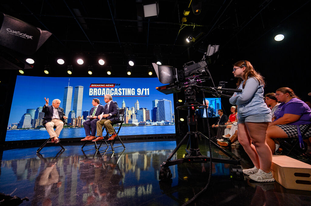 Joe Michaels, an Emmy Award-winning director who serves as HPU’s Broadcaster in Residence, was directing the “Today” show on Sept. 11, 2001, when the attacks unfolded not far from NBC’s studios in New York. During a student-run special entitled “Broadcasting 9/11,” Michaels answered questions from HPU student Jake Vesey and Dr. Brandon Lenoir, associate professor of strategic communication in HPU’s TV studio.