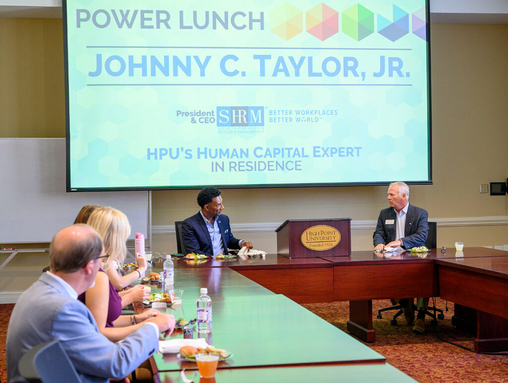 Taylor shared lunch on campus with students and faculty, including Dr. Bradley Venable, chair of the department of management and the Jefferson Pilot Professor of the Practice of Supply Chain Management.