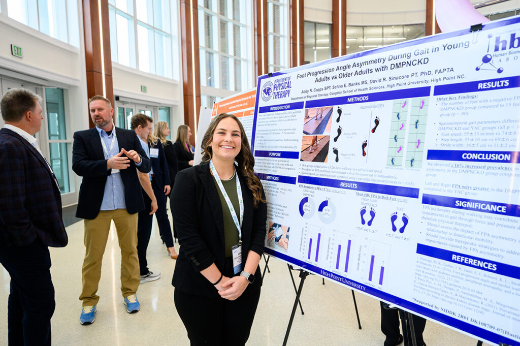 Abby Capps, a first-year DPT student, presented research she has worked on with Dr. David Sinacore, professor of physical therapy, as part of his five-year, $3.9 million grant from the National Institutes of Health. 