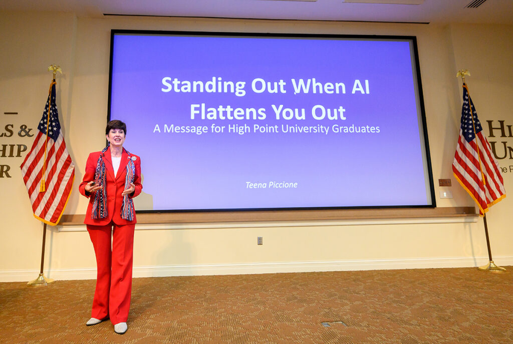 Teena Piccione, HPU’s Data Expert in Residence, a former Google global transformation and operations executive, and the former secretary of the North Carolina Department of Information Technology, spoke to students and employers in the Earl N. Phillips School of Business.