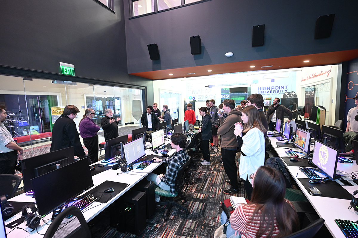 Wozniak, left, mentored a class of HPU game design students during his visit to campus in February.