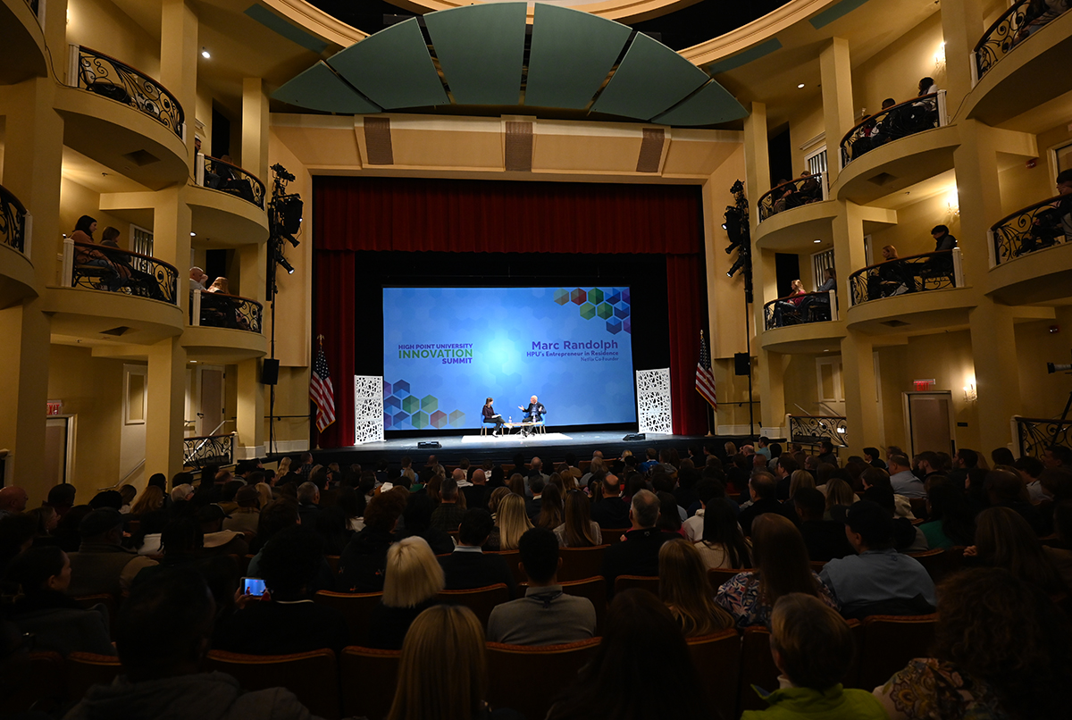 Students and their families filled the Pauline Theater at Hayworth Fine Arts Center to hear Randolph’s interview with Dr. Mary Jayne Kennedy, dean of the Fred Wilson School of Pharmacy.