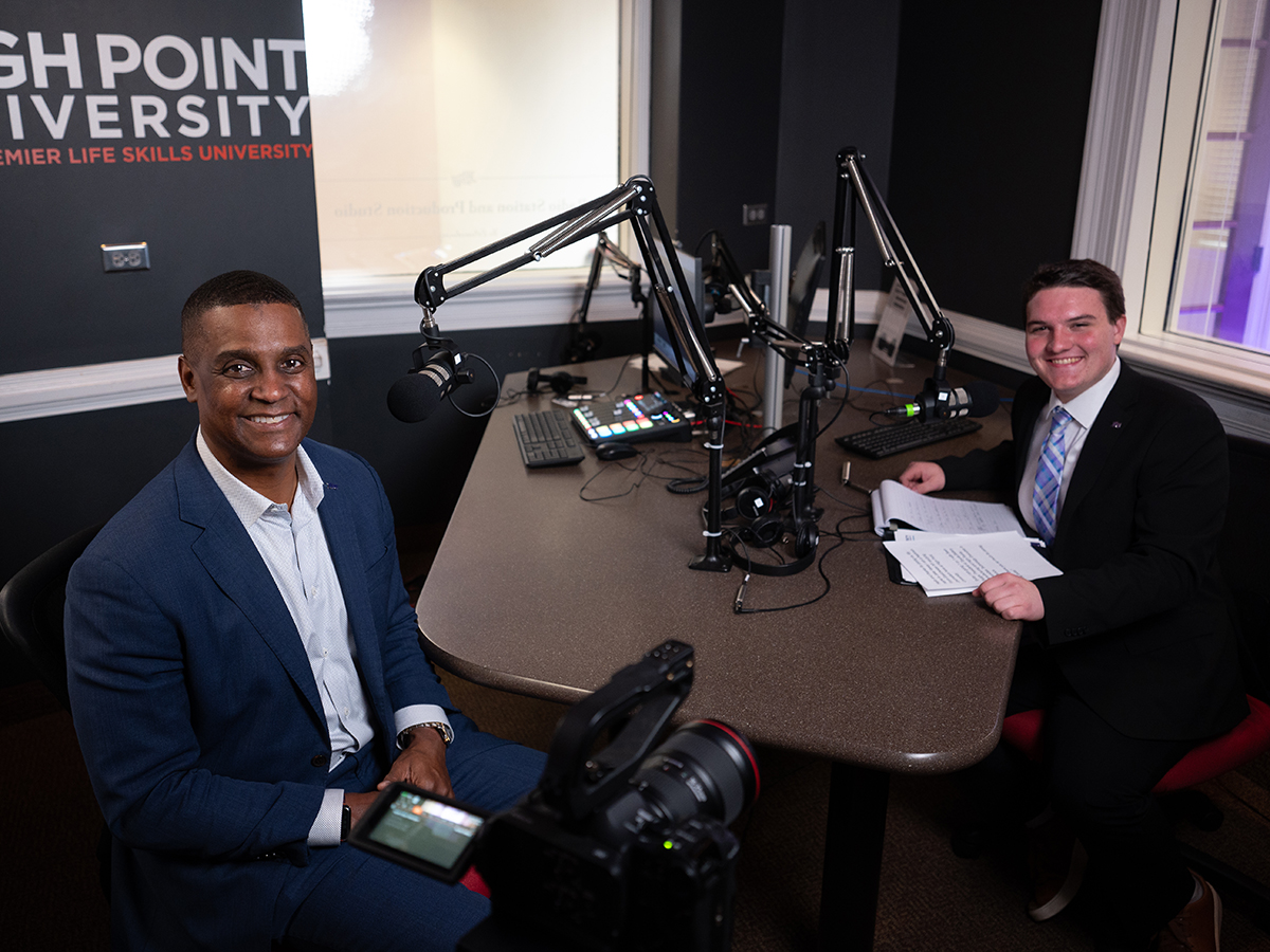 Suggs, left, recorded a podcast with Jake Vesey, a freshman journalism major.