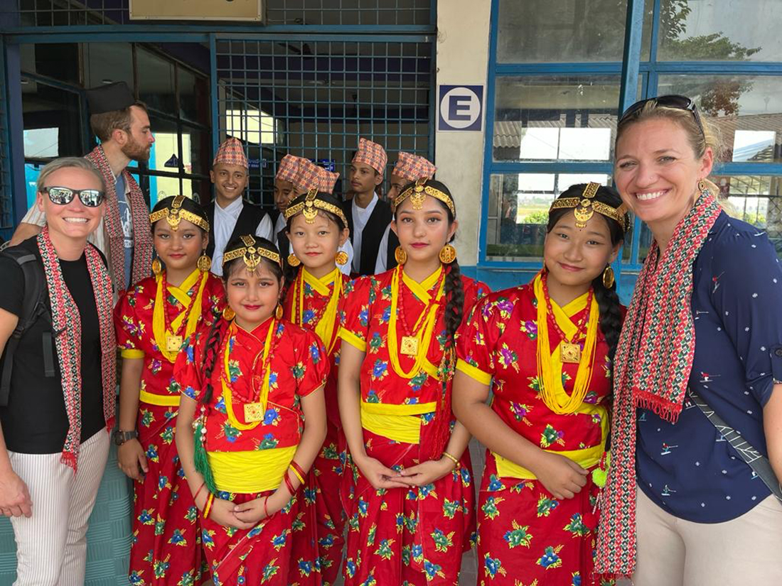 Pictured at left is Dr. Hilary Tanck, assistant professor of educator preparation, with students and an instructor at Gaindakot English School in Nepal.