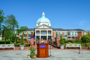 High Point University’s First Lady Mariana Qubein speaks at the university's 2023 Arbor Day Celebration.