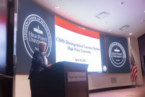 Donny Lambeth speaks to High Point University students about his concerns with the U.S. health care system and ways they could help improve it as advocates and future practitioners.