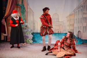 The photo features HPU students Ashton Hunt, Teddy Dallam and Summer Kiesel in the play.