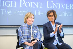 High Point University Health Care Expert in Residence Sue Downes, left, shared her experiences during one of the summit’s breakout sessions. She took part in the breakout session with Laurna Godwin, chair of the Strickland Women’s Leadership Council.