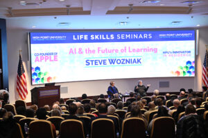Apple Co-Founder Steve Wozniak, who serves as High Point University’s Innovator in Residence, speaks during a seminar moderated by Dr. Amy Holcombe, dean of the HPU Stout School of Education.