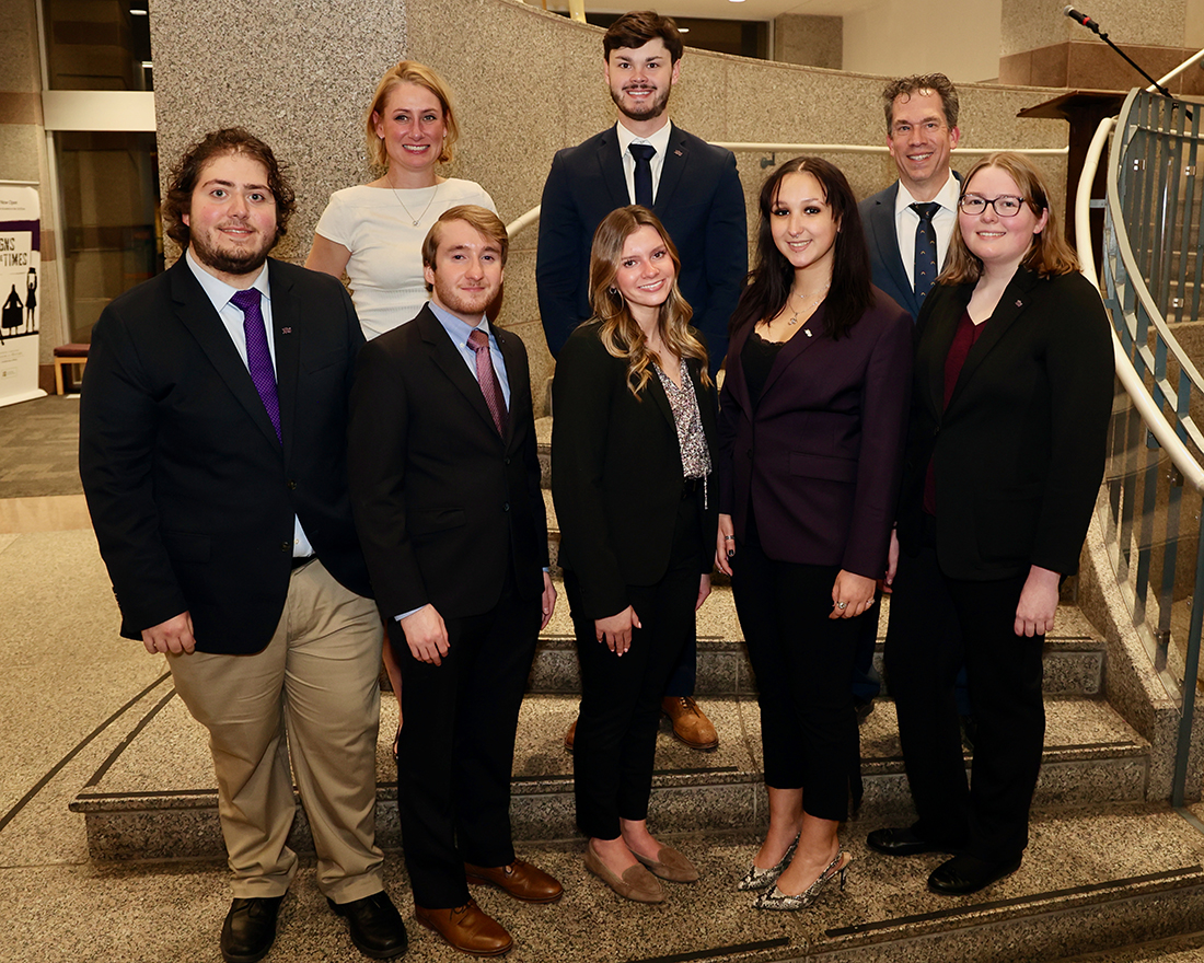 Six HPU students competed in the annual North Carolina Independent Colleges and Universities Ethics Bowl on Feb. 9-10 at the North Carolina Legislative Complex in Raleigh. From left on front row are students Jordan Vis, Will Tepper, Sophia Statuto, Sofie Smith and Autumn Bryan. Student West Singer is pictured at center of back row between faculty co-coordinators Drs. Amy L. MacArthur and Thaddeus Ostrowski, both instructors in the Department of Religion and Philosophy.