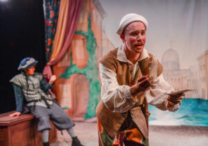 Madison Jordan (foreground) and Graham Baker (background) in the HPU production of “The Servant of Two Masters.”