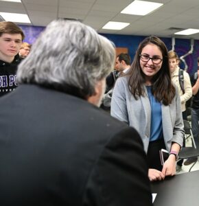 Steve Wozniak, left, interacts with Emily Lattanzio, right. in HPU's Maker Space during her freshman year.