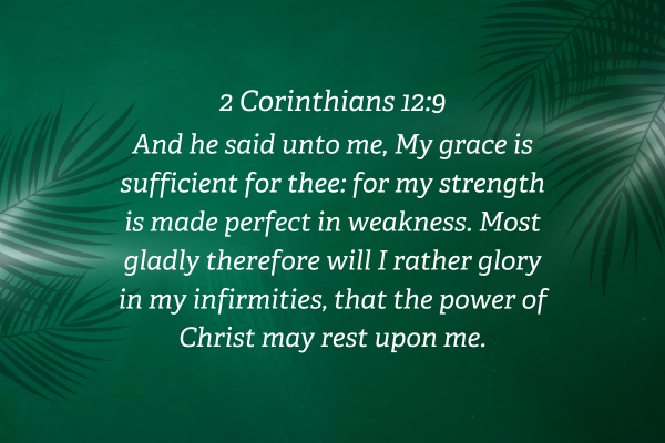 And He said to me, “My grace is sufficient for you, for My strength is made perfect in weakness.” Therefore most gladly I will rather boast in my infirmities, that the power of Christ may rest upon me. 2 Corinthians 129 