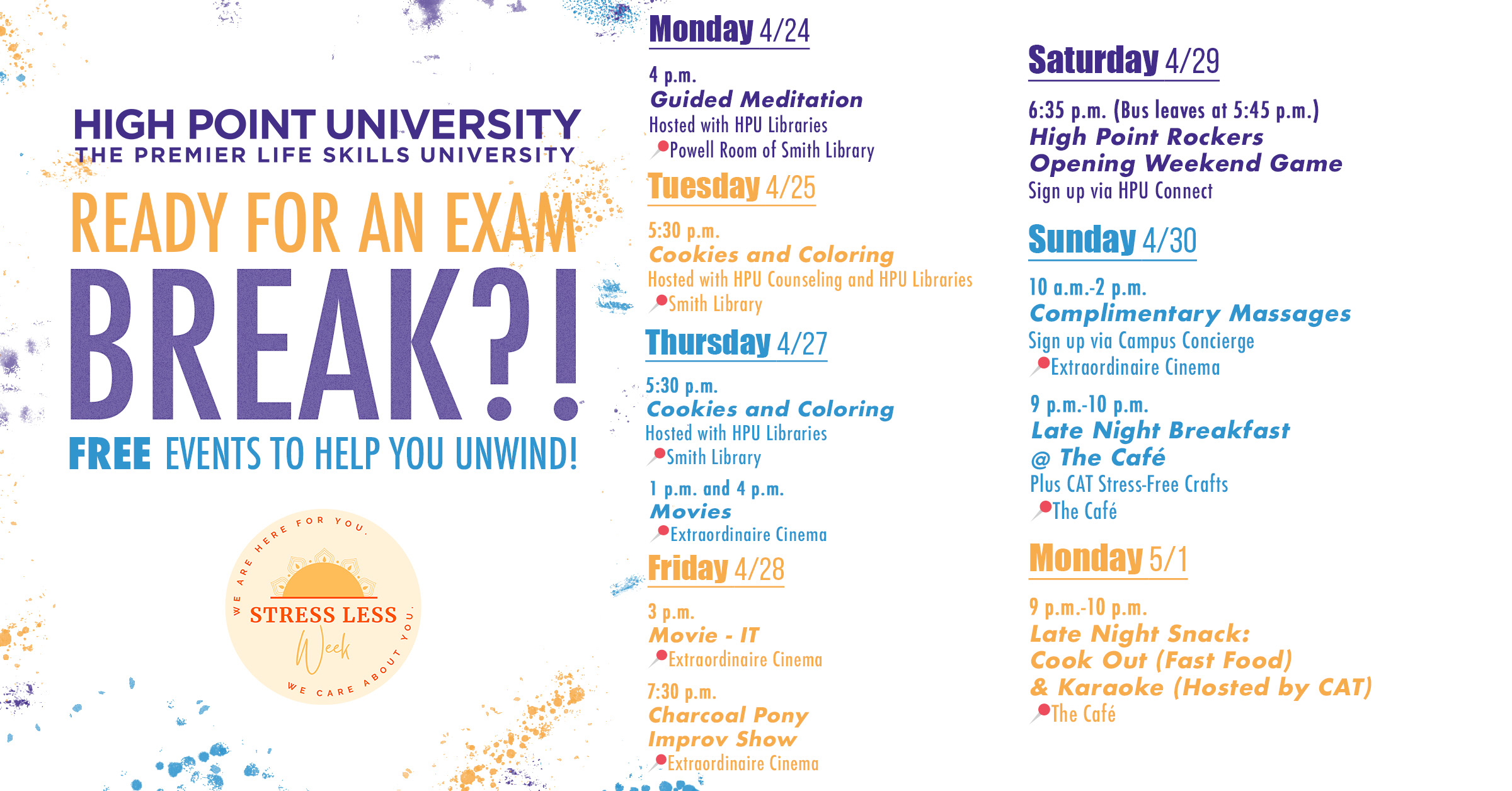 Stress Less Week! Free Events To Help You Unwind | Student Engagement | High Point University stress-less-week-free-events-to-help-you-unwind-student-engagement-high-point-university